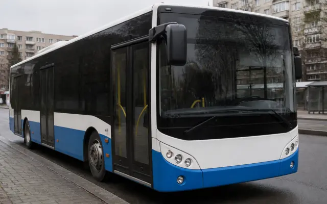 O fotografie a unui autobuz de transport public, vopsit în albastru și alb, parcat pe marginea unei străzi urbane lângă un bloc de apartamente
