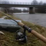 O lansetă de pescuit cu mulinetă este așezată pe malul ierbos al unui râu, alături de o cutie de momeală și o nălucă mică