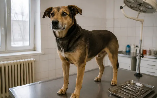 Un câine de talie medie, cu blană maro și neagră, stă în picioare pe o masă metalică de examinare dintr-un cabinet veterinar