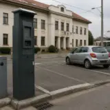 O parcare publică situată în fața unei clădiri administrative vechi, cu arhitectură clasică