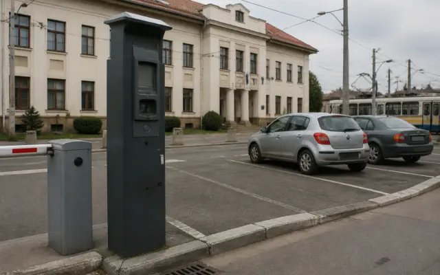 O parcare publică situată în fața unei clădiri administrative vechi, cu arhitectură clasică