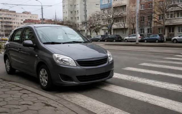 Un autoturism de culoare gri închis este oprit la marginea unei treceri de pietoni marcate cu dungi albe pe asfalt
